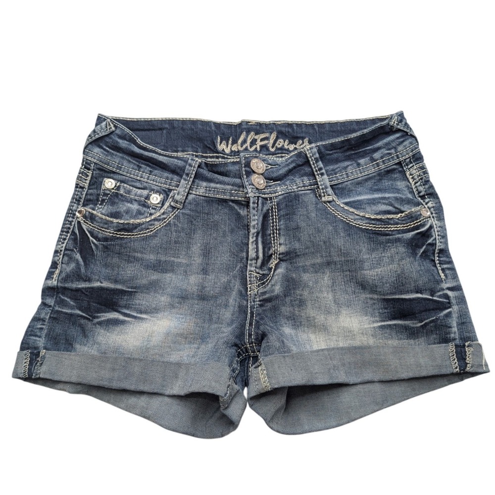 Y2K WallFlower Denim Short Women 7 Sequin Embroidered Cuffed Mid Rise WFJ10260L